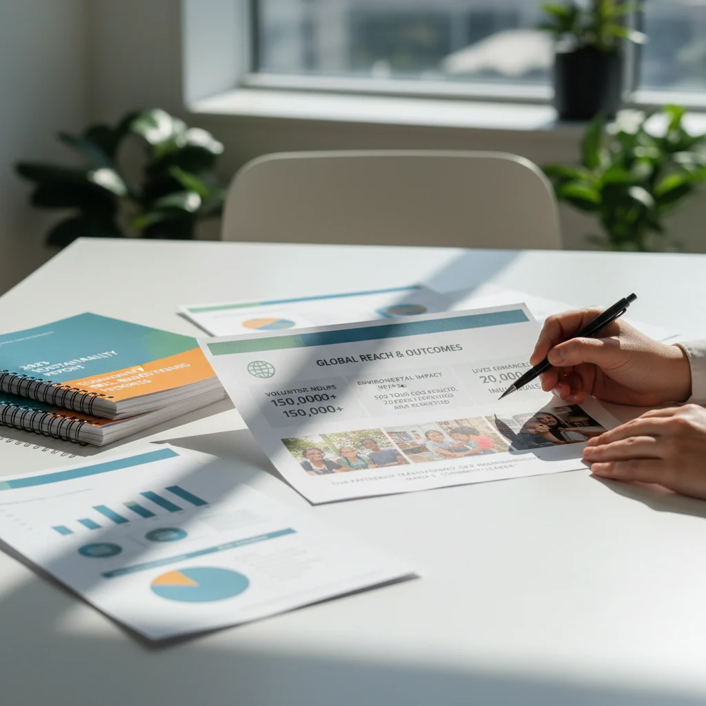 Professional impact reports with volunteer metrics and community outcomes spread across desk