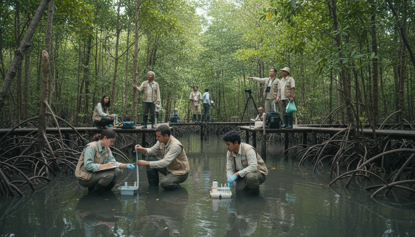 Conservation team conducting field research in mangrove forest, measuring water quality and ecosystem data while local community members assist