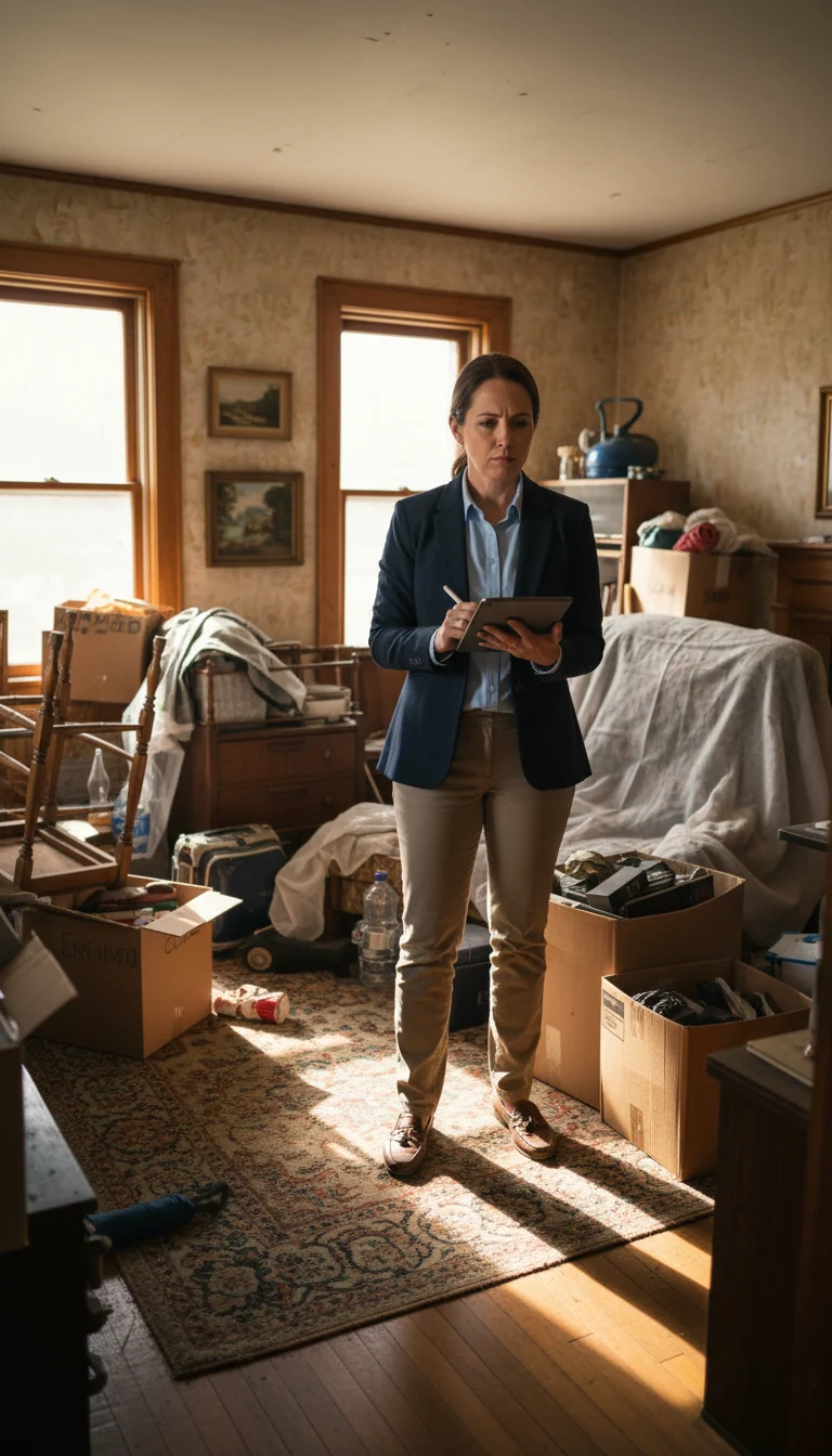 Environmental consultant in business casual attire examining cluttered residential property with tablet during assessment