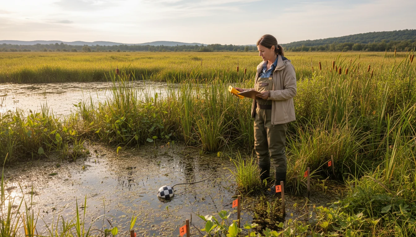 Environmental consultant conducting wetland assessment with field instruments and clipboard in natural wetland habitat with water vegetation
