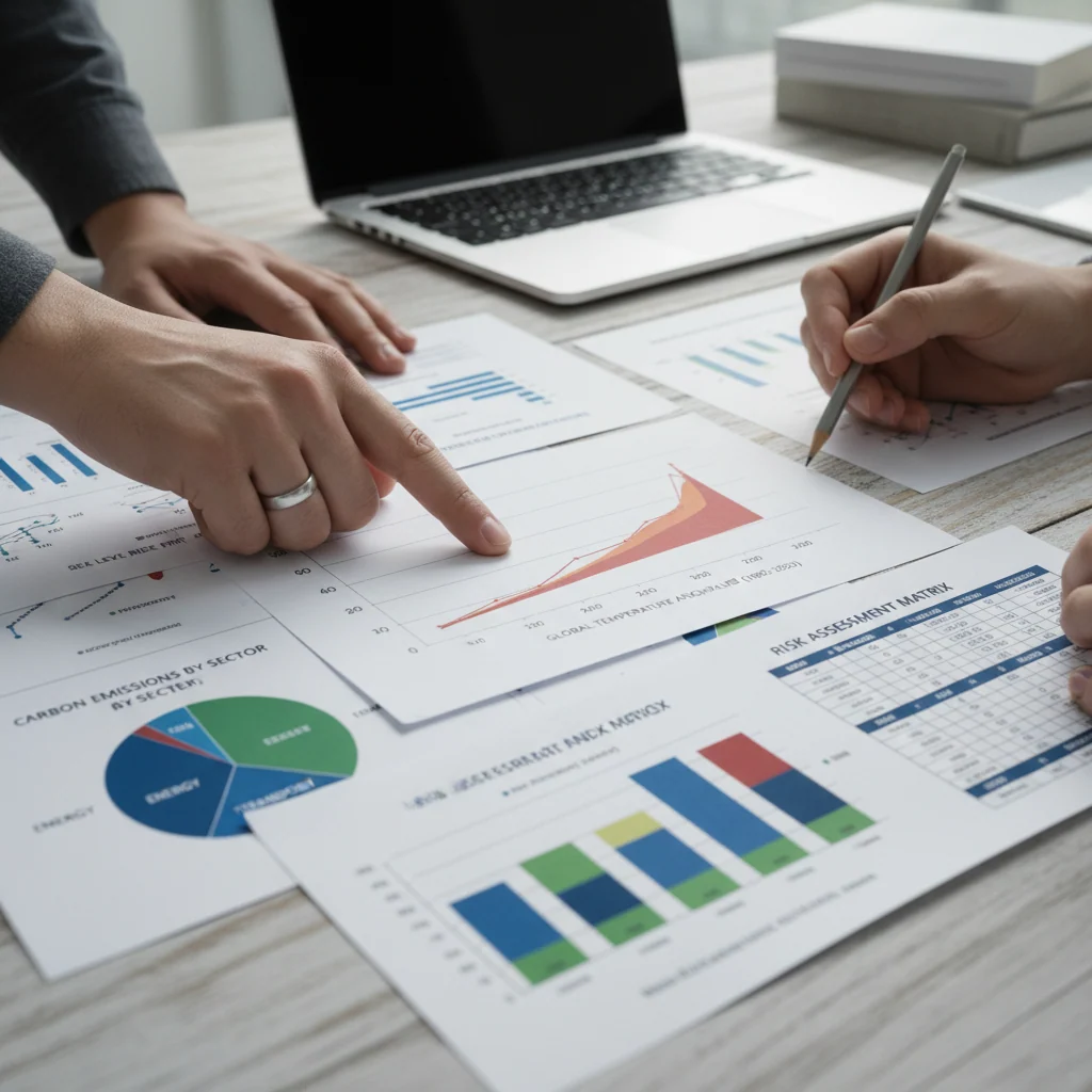 Hands examining climate research data and environmental impact reports with detailed carbon footprint analysis charts