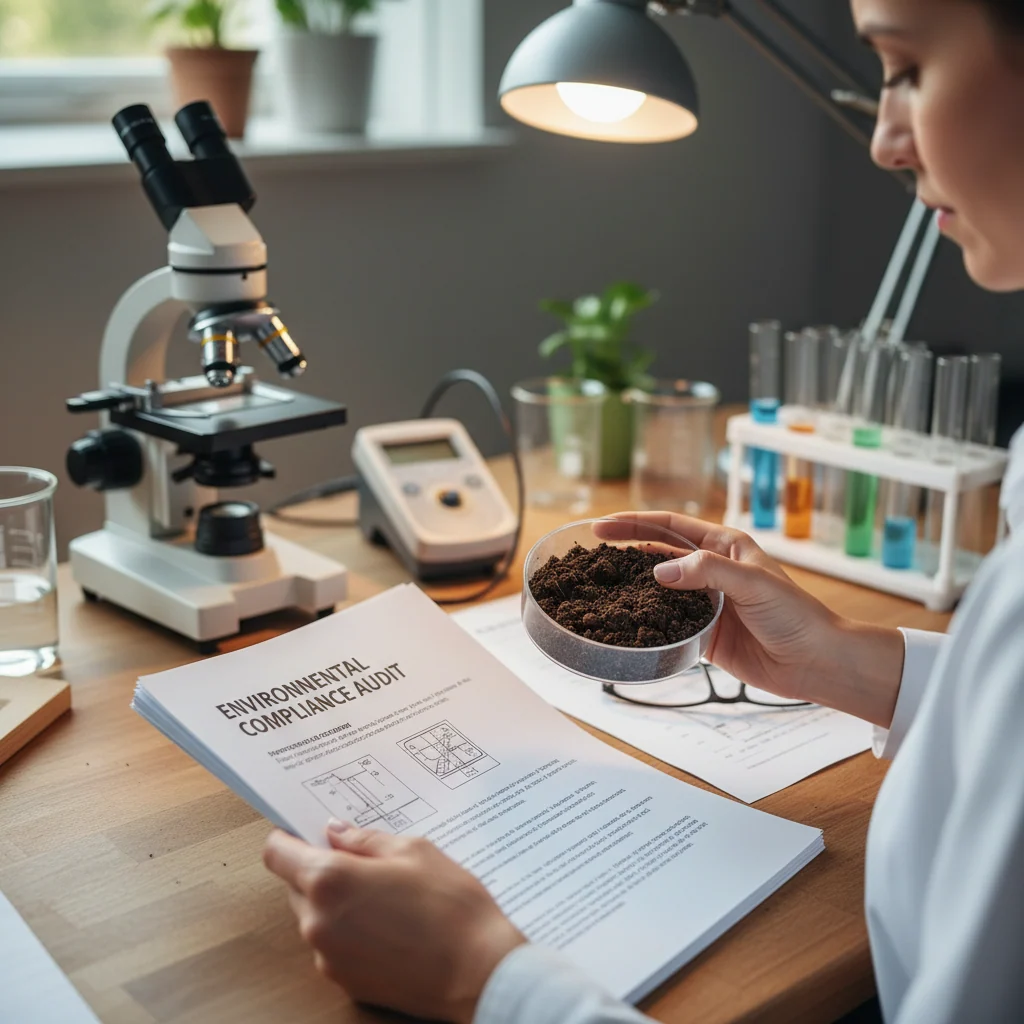 Environmental engineer examining soil samples and reviewing compliance documentation in laboratory with scientific instruments and assessment reports