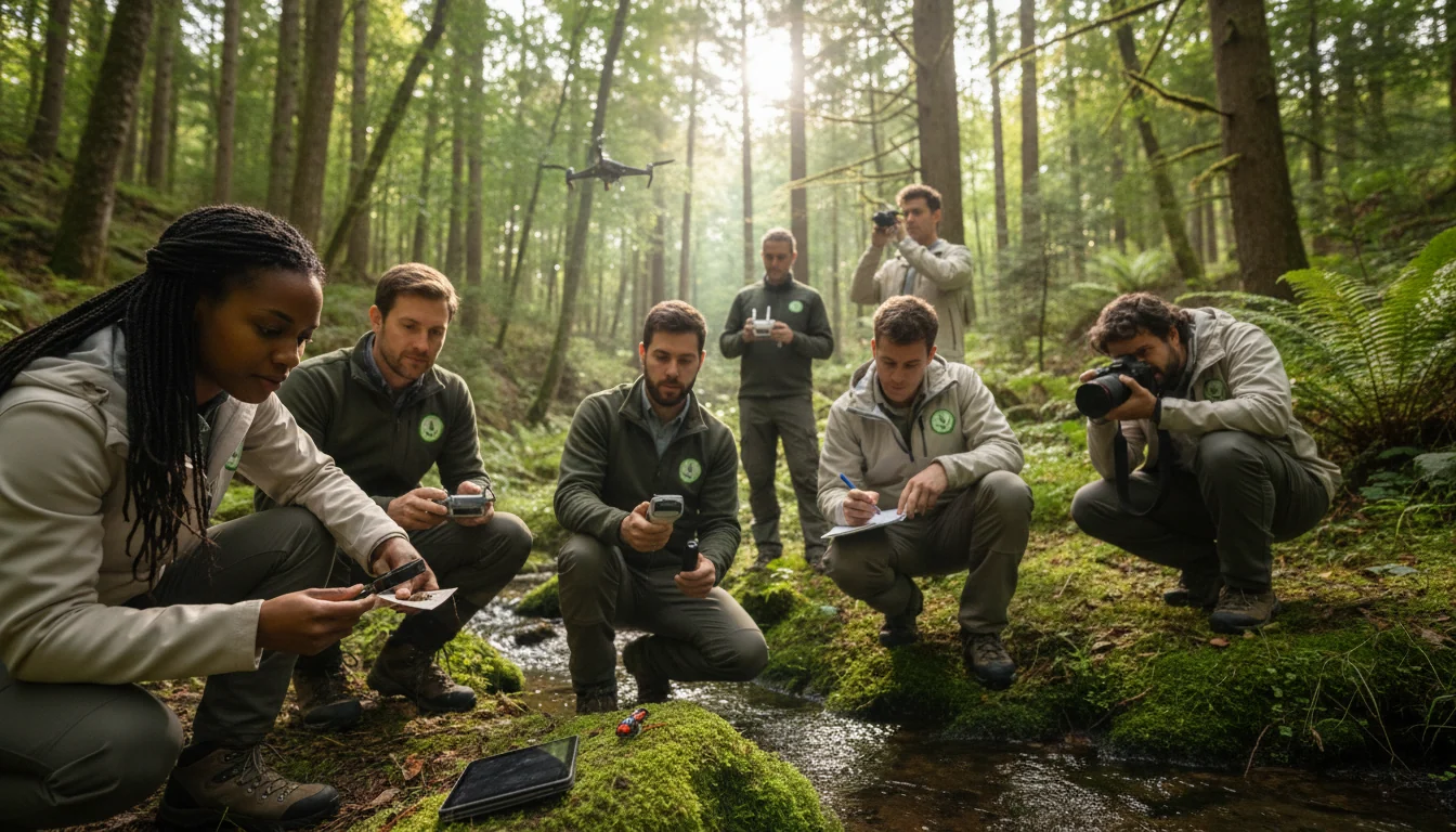 Diverse environmental consultants measuring and assessing forest ecosystem health near a flowing stream with scientific instruments