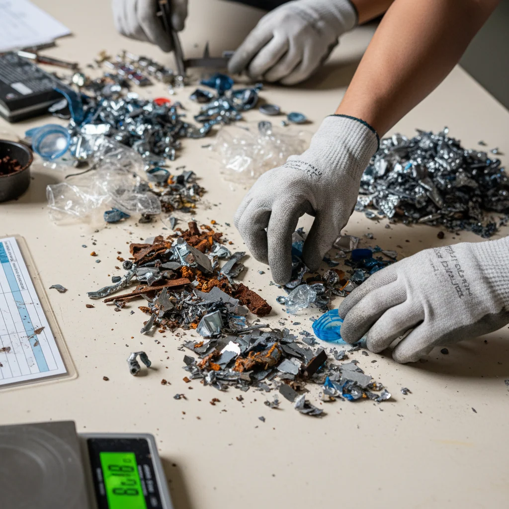 Gloved technician hands examining and sorting mixed industrial byproducts with assessment tools in overhead close-up view