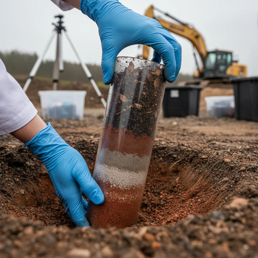 Researcher in gloves extracting layered soil core sample showing distinct geological strata at waste management site