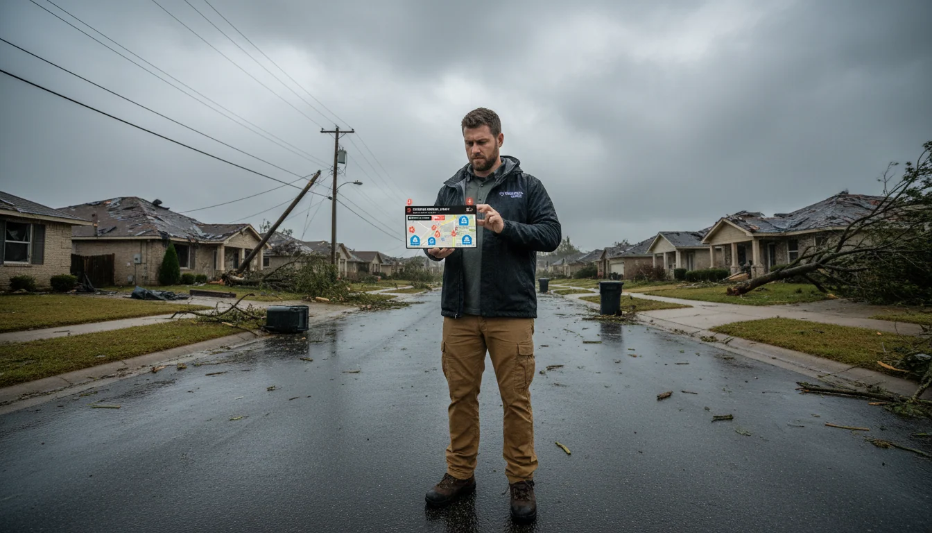 Roofing contractor reviewing storm damage leads on smartphone in residential neighborhood with visible roof and tree damage from severe weather