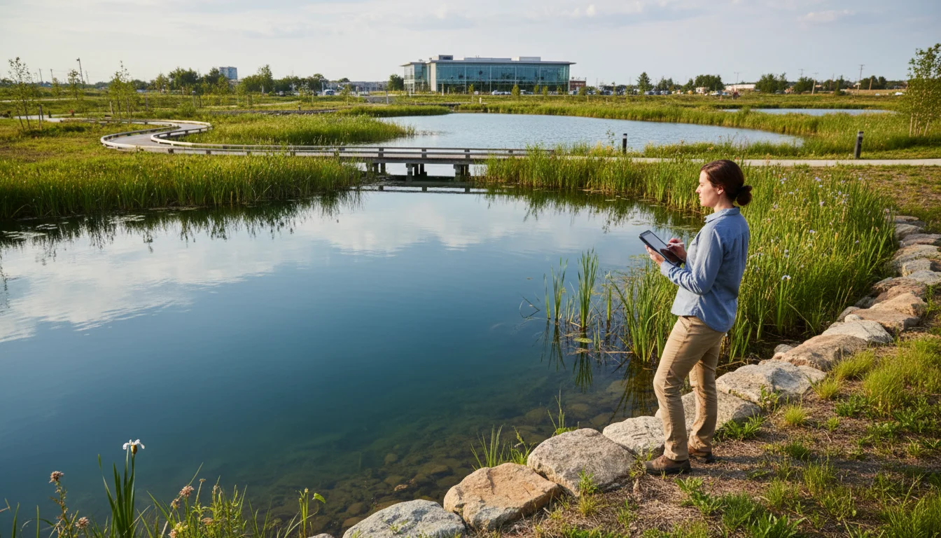 Environmental consultant observing and documenting water management features at commercial facility landscape with native plants