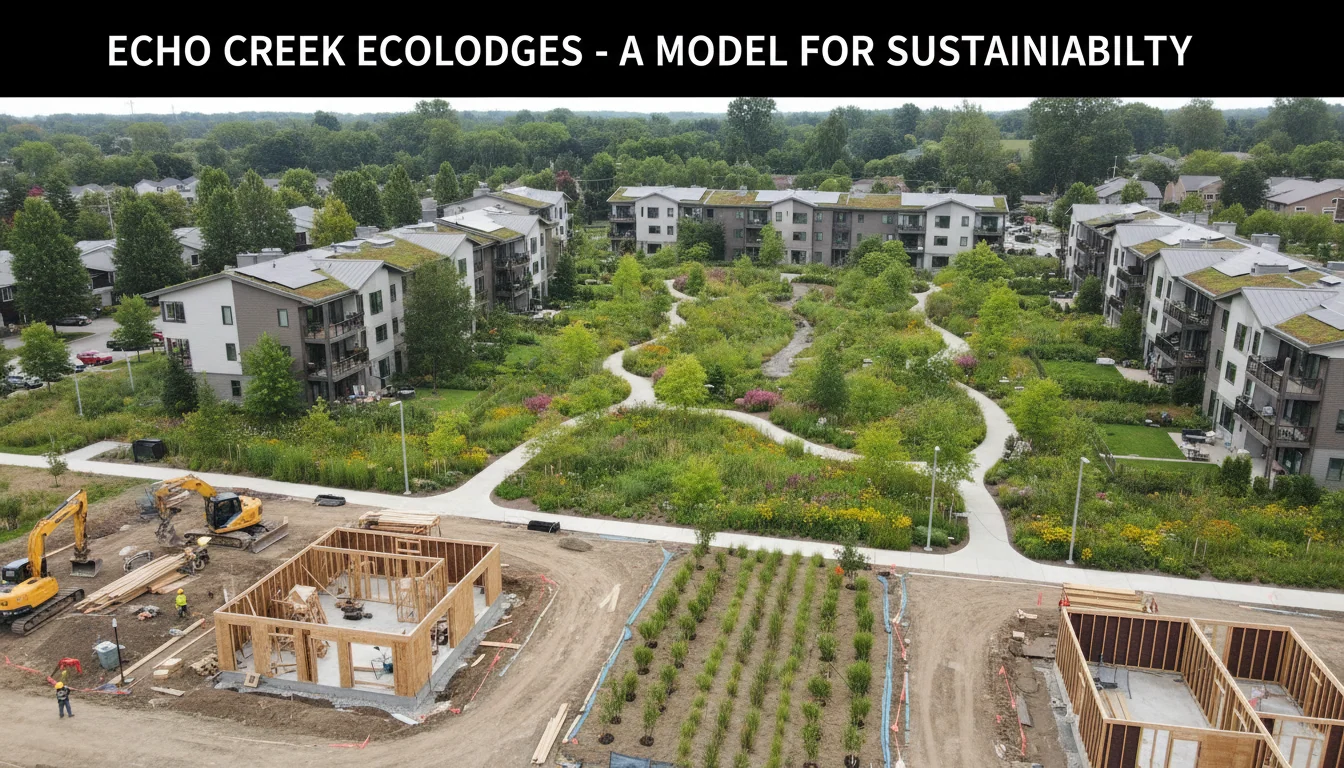 Aerial view of sustainable residential community with climate-responsive buildings integrated into restored native landscape with ecological corridors