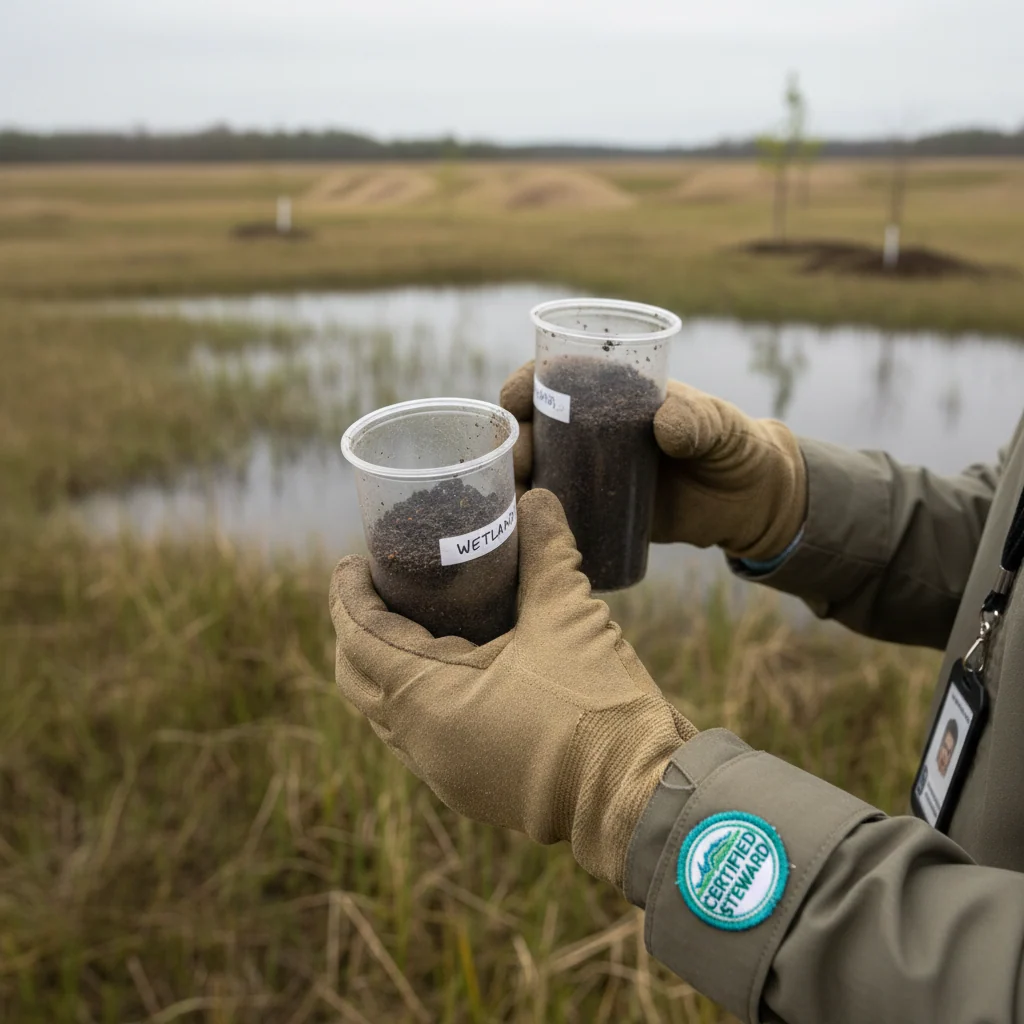 Professional hands holding soil sample containers in wetland area, demonstrating environmental compliance and field testing procedures