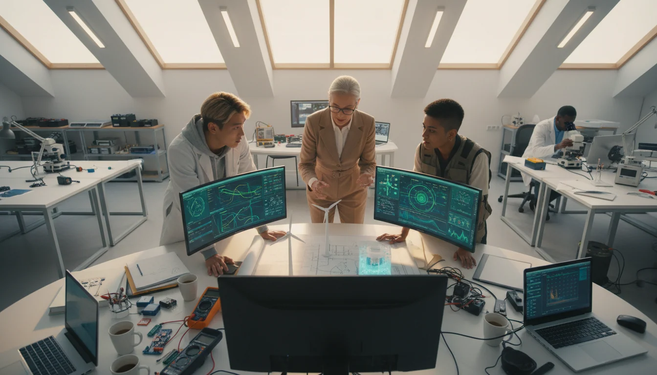 Diverse research team collaborating over renewable energy project data and energy system models at laboratory workstation