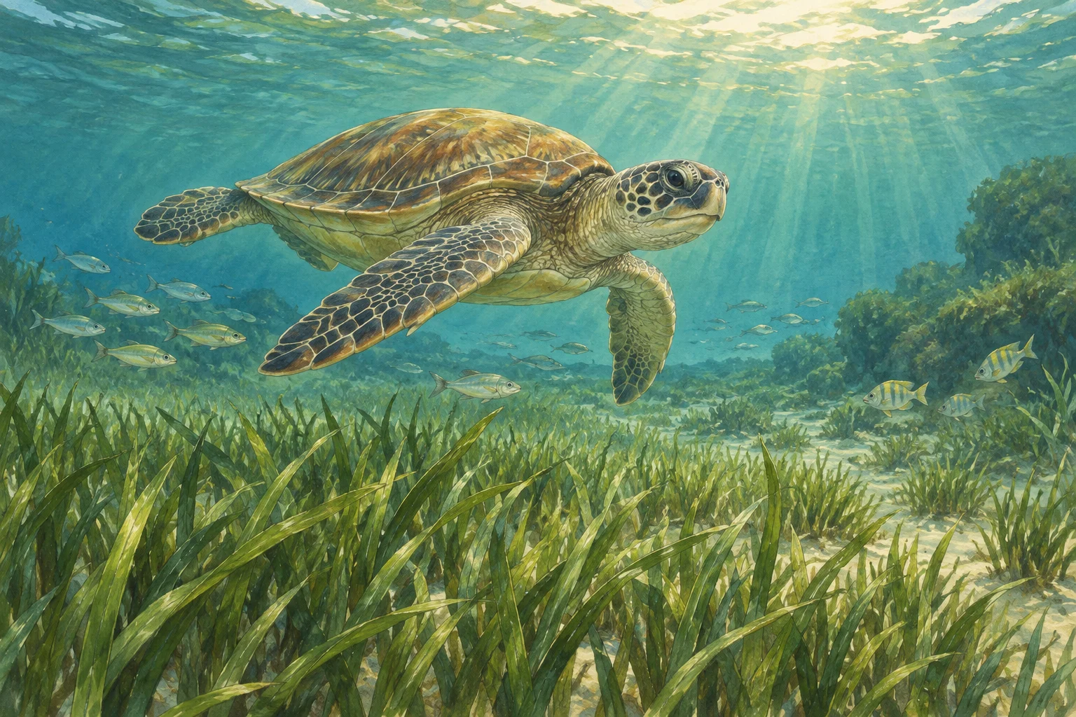 Original illustration of a sea turtle and fish above a coastal seagrass meadow.